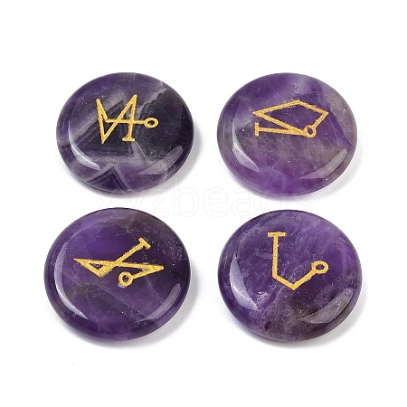 4Pcs 4 Styles Natural Amethyst Flat Round with Angels Symbol Display Decorations G-R007-01E-1