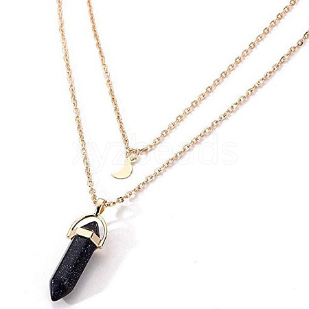 Synthetic Blue Goldstone Double Terminated Pointed Bullet & Moon Alloy Pendant Double Layer Necklaces for Women WGAD714-07-1