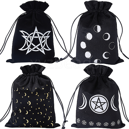 CREATCABIN 4Pcs 4 Style Star Moon Pattern Velvet Tarot Cards Storage Bags TP-CN0001-06-1