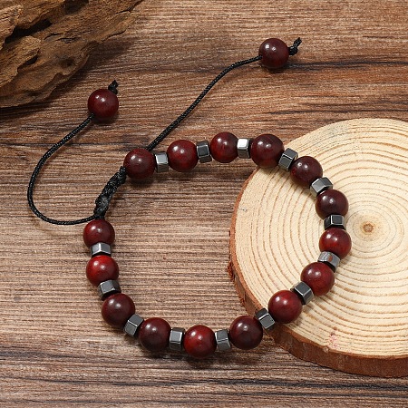 Adjustable Round Wood & synthetic Non-magnetic Hematite Braided Bead Bracelets for Men MC4524-3-1