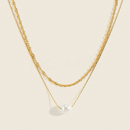 304 Stainless Steel Double Layer Necklaces with White Round Faux Pearl Pendants for Women KQ2558-1