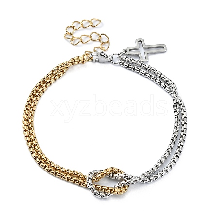 304 Stainless Steel Hollow Cross Charm Bracelet with Double Layer Box Chains BJEW-A002-01-1