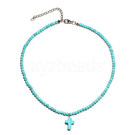 Western Style Synthetic Turquoise Round Beaded Cross Pendant Necklaces for Navajo Men and Women MO2415-3-1