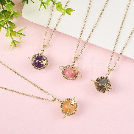 4Pcs 4 Styles Natural Labradorite & Yellow Hematoid Quartz & Amethyst & Dyed Green Jade Copper Wire Wrapped Planet Pendant Brass Cable Chain Necklaces for Women NJEW-TA00260-1
