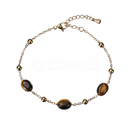 Real 18K Gold Plated Stainless Steel Natural Tiger Eye Handmade Chain Bracelets for Women FW1421-3-1