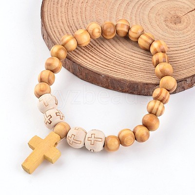Cross Wood Beaded Stretch Charm Bracelets BJEW-JB02220-1