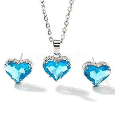 Brass Glass Heart Stud Earrings & Pendant Necklaces Sets for Women MH6858-5-1