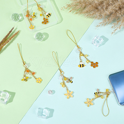 6Pcs 3 Styles Bees Alloy Enamel & Glass Mobile Straps HJEW-SC0001-94-1