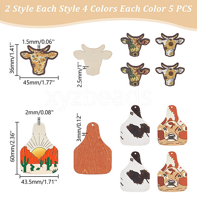 40Pcs 8 Style Single Face Printed Basswood Big Pendants WOOD-AR0001-35-1