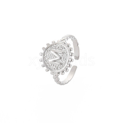 Non-Tarnish 304 Stainless Steel Flat Round with Initial Letter Open Cuff Ring for Men Women RJEW-S405-246P-M-1