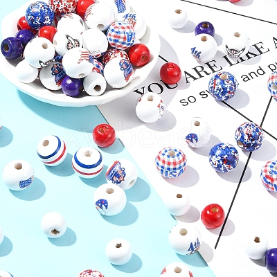 75Pcs 12 Styles Independence Day Theme Wood European Beads WOOD-FS0001-22-1