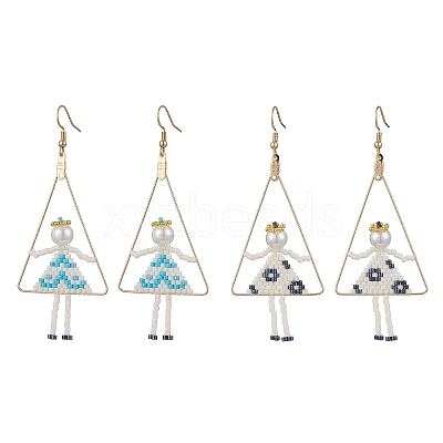 2Pair Girl with Triangle Brass Glass Seed Beads Dangle Earrings EJEW-MZ00453-1