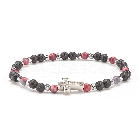 Natural & Synthetic Mixed Gemstone Beaded Stretch Bracelet with Clear Cubic Zirconia Cross for Women BJEW-JB08247-01-1