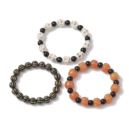 3Pcs 3 Styles Halloween Skull & Pumpkin Resin Beaded Stretch Bracelet Sets BJEW-JB10877-1