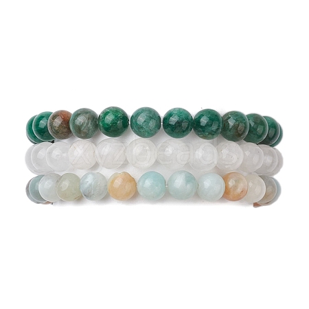 3Pcs 3 Styles Natural Mixed Gemstone Round Beaded Stretch Bracelets Set BJEW-JB10139-02-1