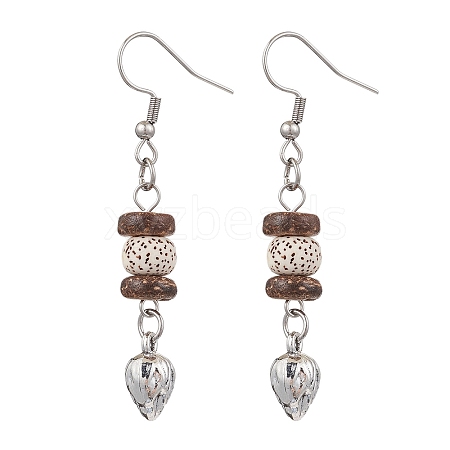 Natural Coconut Bodhi & Alloy Dangle Earrings EJEW-JE06173-02-1