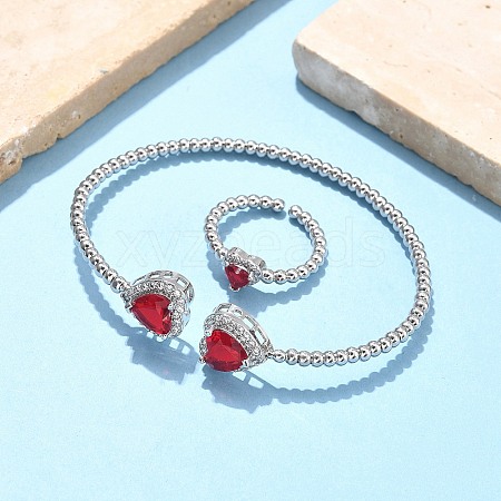 Heart Brass Micro Pave Cubic Zirconia Cuff Bangles & Rings Sets for Women SJEW-R002-05P-05-1