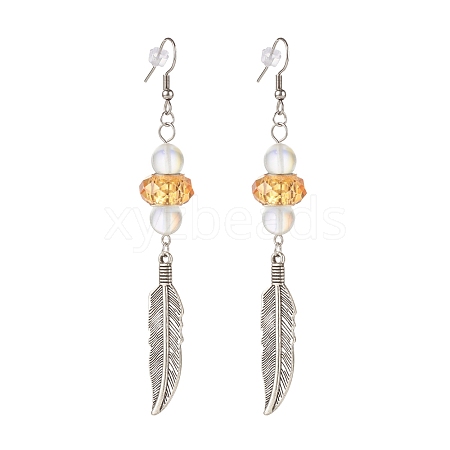 Feather with Round Beads Long Dangle Earrings for Girl Women EJEW-JE04681-04-1