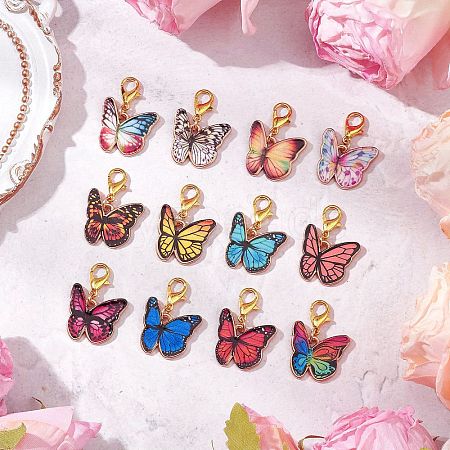 12Pcs 12 Colors Butterfly Alloy Enamel Pendant Decorations HJEW-JM02852-1