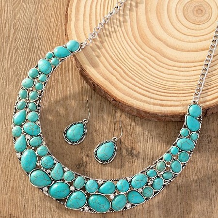 Teardrop Synthetic Turquoise Pendant Necklaces & Dangle Earrings Sets FS-WGC94F7-01-1