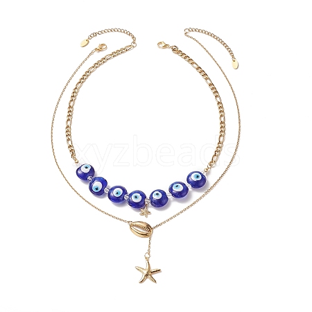 2Pcs 2 Style Brass Shell with Star Pendant Lariat Necklaces Set NJEW-JN04208-1