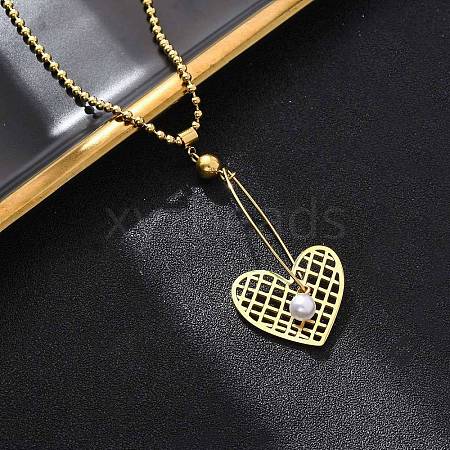 304 Stainless Steel & Plastic Imitation Pearl Mesh Heart Pendant Necklaces for Women NJEW-U032-10G-1