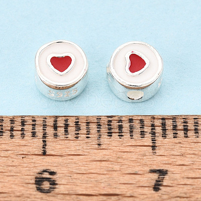 925 Sterling Silver Enamel Flat Round with Red Heart Beads STER-T009-22S-1