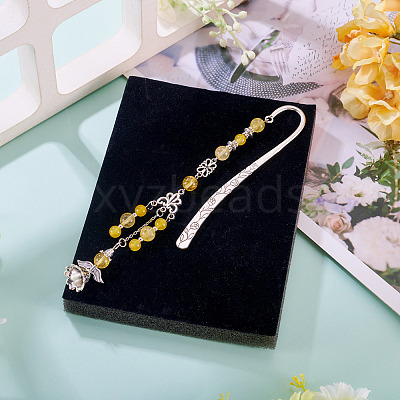Natural Quartz Crystal Round Beads & Alloy Angel Bookmarks AJEW-TA00054-1