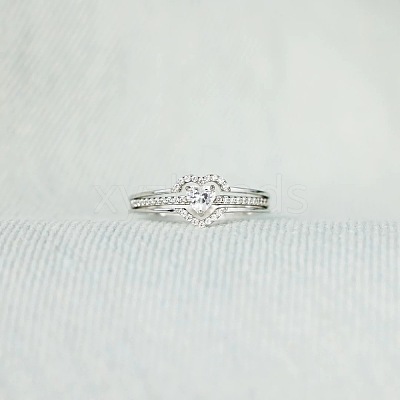 2Pcs Heart 925 Sterling Silver Micro Pave Clear Cubic Zirconia Finger Rings for Women FS-WG4005F-06-1