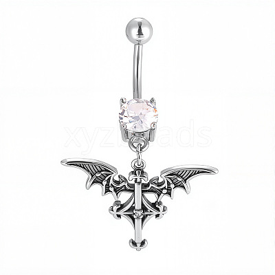 316L Surgical Stainless Steel Pave Clear Cubic Zirconia Curved Barbell Dangle Belly Rings FS-WG3A43F-07-1