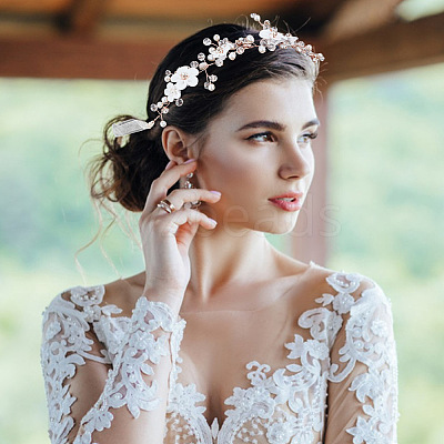 2Pcs 2 Colors Wedding Bridal Flower ABS Plastic Imitation Pearl Headband OHAR-GO0001-09-1