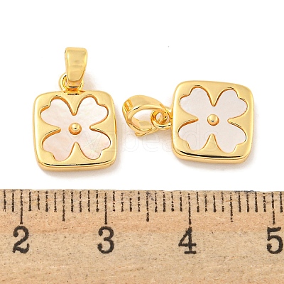 Natural Shell & Brass Square with Flower Charms with Snap on Bails KK-P275-05G-1