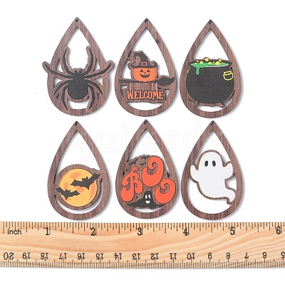 24Pcs 6 Styles Halloween Theme Single Face Printed Aspen Wood Big Pendants WOOD-FS0001-02-1