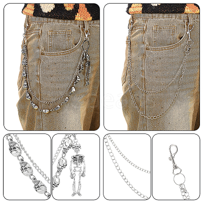 2Pcs 2 Styles Gothic Alloy Skull Link Chains for Pants HJEW-PH0002-05-1