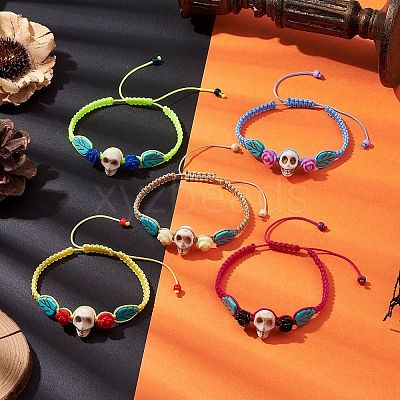 5Pcs 5 Colors Adjustable Synthetic Dyed Turquoise & Magnesite Braided Bead Bracelet Sets BJEW-JB10603-1