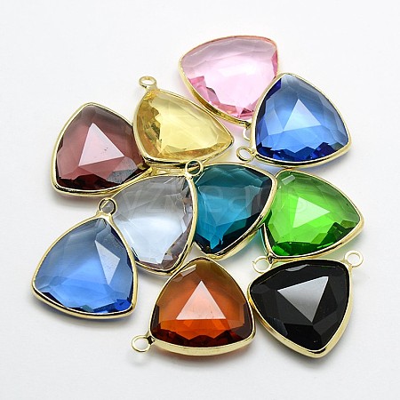 Golden Tone Brass Glass Triangle Pendants GLAA-J012-G-1