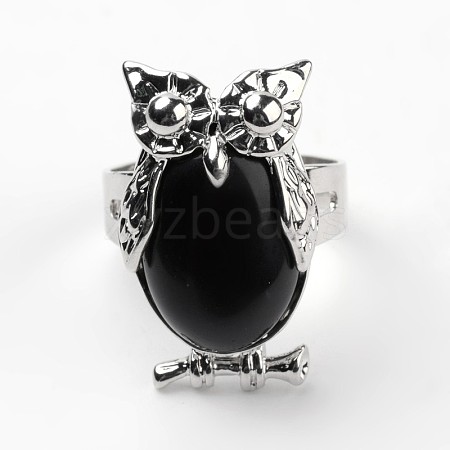 Owl Brass Natural Dyed & Heated Black Agate Finger Rings RJEW-L074-15-1