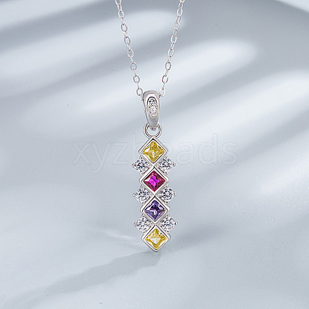 Rhombus 925 Sterling Silver Pave Colourful Cubic Zirconia Pendant Necklaces for Women WGF0FD8-01-1