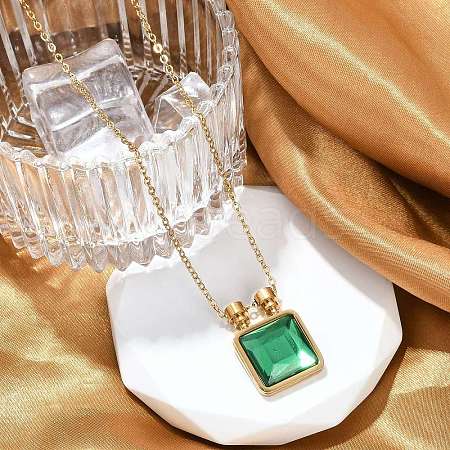 Square 304 Stainless Steel Green Glass Pendant Necklaces NJEW-L157-07G-1