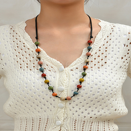 Bohemian Handmade Colorful Porcelain Beaded Waxed Cord Long Necklaces for Women FS-WGF474B-03-1