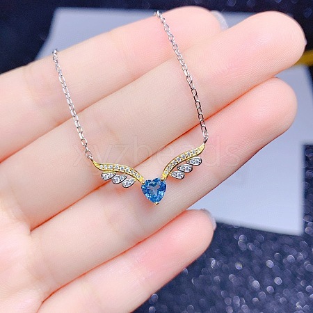 Angel Heart Wings Brass Pave Natural Blue Topaz Pendant Necklaces for Women WGCE491-02-1