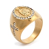 Oval with Saint 304 Stainless Steel Rhinestone Finger Ring for Unisex RJEW-Z076-05G-02-4