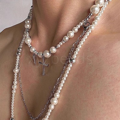 Cross Stainless Steel & Plastic Imitation Pearl Pendant Multi Layered Necklaces for Women FS-WGBBA27-01-1