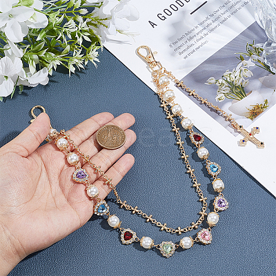 Alloy & Imitation Pearl & Colorful Acrylic Rhinestone Heart Link Double Layer Chains for Pants AJEW-ME0002-81-1