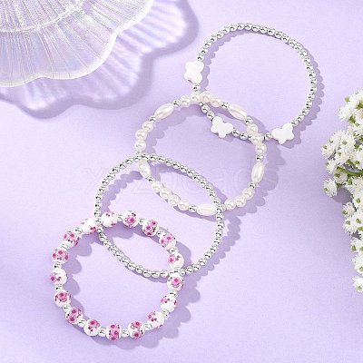 4Pcs 4 Styles Printed Porcelain Beads & Synthetic Hematite Beads & Shell Beads & ABS Plastic Pearl Stretch Bracelets Sets for Women BJEW-JB14203-02-1