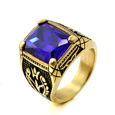 316L Stainless Steel & Cubic Zirconia Men's Vintage Carved Finger Rings FS-WG82D33-41-1