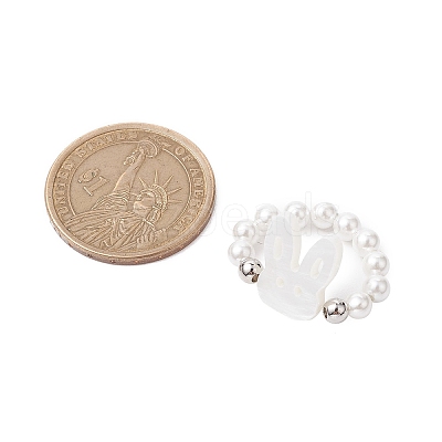 Round Shell Pearl & Brass Beads Stretch Rings RJEW-JR00689-02-1