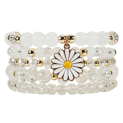 Bohemian Glass & Plastic Beads Strertch Bracelets & Sunflower Zinc Alloy Enamel Charm Bracelets FS-WG4AF45-01-1
