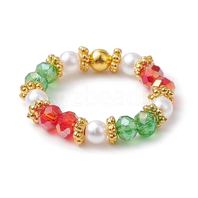 Christmas Glass & Imitated Pearl Acrylic Round Beads Finger Rings RJEW-JR00682-1