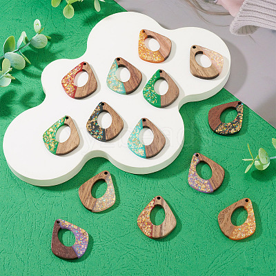 14Pcs 7 Colors Opaque Resin and Walnut Wood Pendants RESI-TA0005-11-1